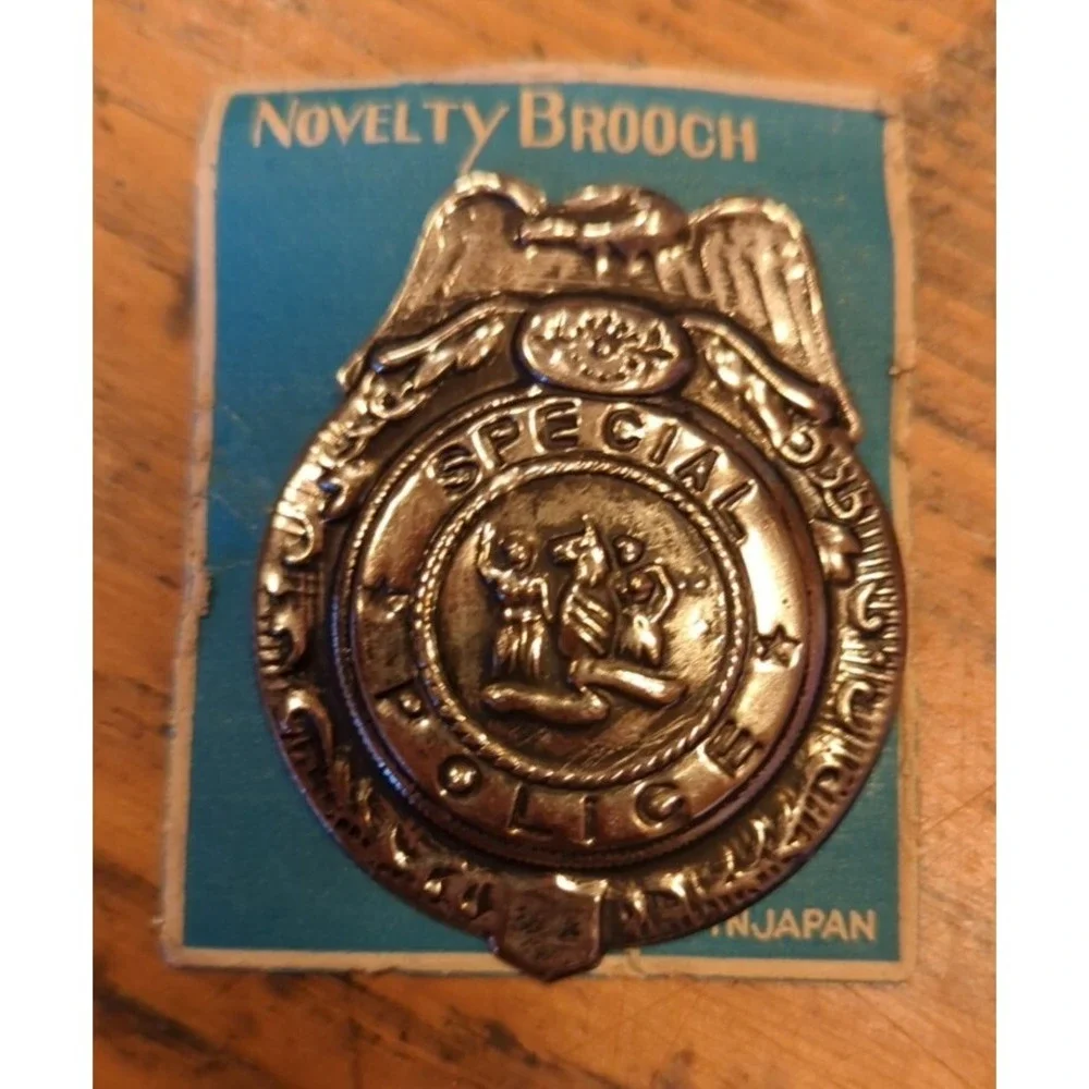 Vintage Old Novelty Brooch Special Police Badge Tin Toy Japan on Original Card